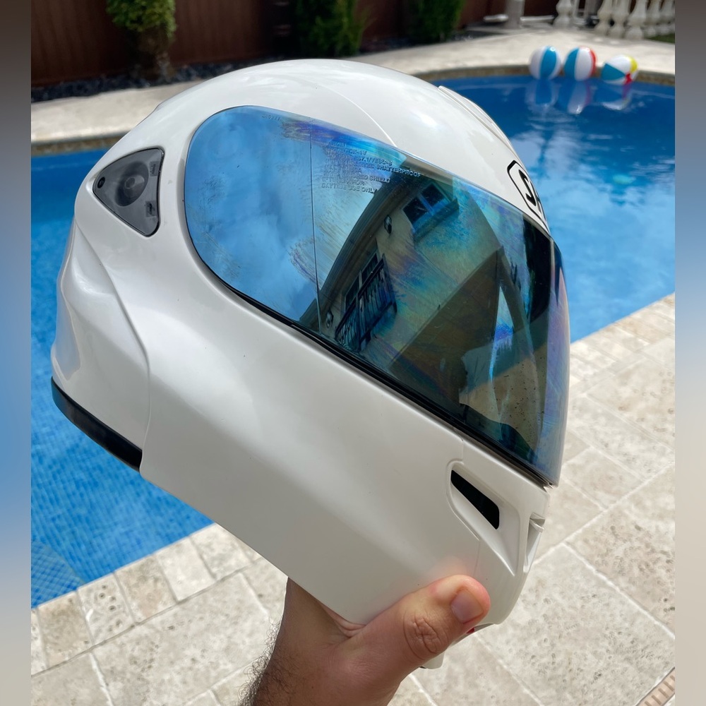 SHOEI MULTITEC Modular white Motorcycle Helmet with shoei cx 1v Blue Visor Sz L